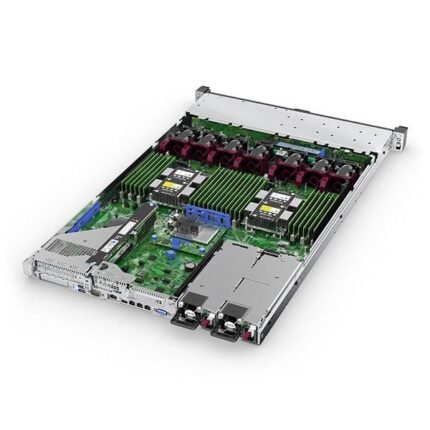 Inside and rear view of HPE ProLiant DL360 Gen10 with 8x2.5" drive bays, showing internal components and back panel.