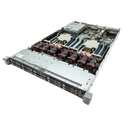 Internal view of HPE ProLiant DL360 Gen9 showing CPUs, memory slots, and drive backplane.