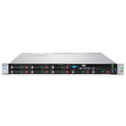 Front view of HPE ProLiant DL360 Gen9 8x2.5" server with 8 small form factor drive bays in a 1U rackmount chassis for enterprise applications.