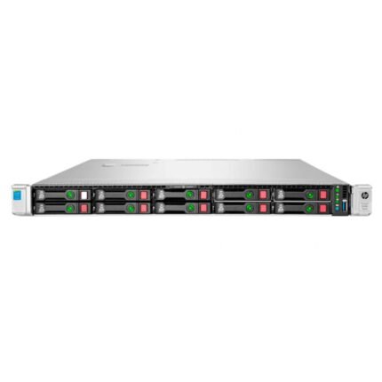 Front view of the HPE ProLiant DL360 Gen9 10×2.5″ 1U rack server, showcasing its compact design, dual processor capability, and 10 SFF drive bays.