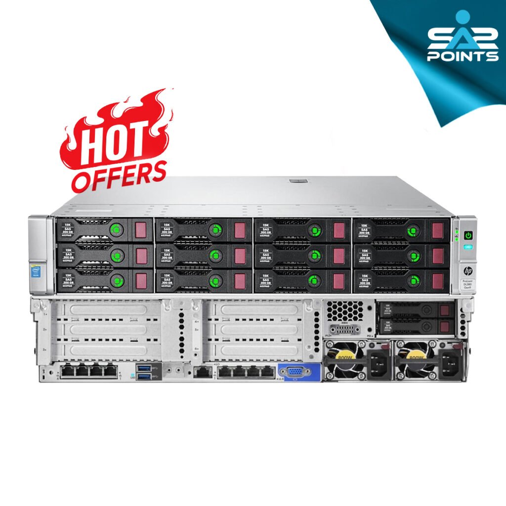 Front and rear view of the HPE ProLiant DL380 Gen9 server with 12x3.5" drive bays in the front and 2x2.5" drive bays in the rear.